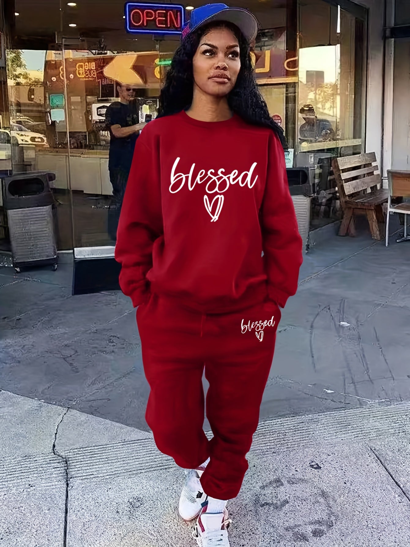 Blessed Letter Print Casual Two piece Set Long Sleeve Tops & Drawstring