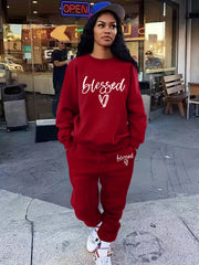 Blessed Letter Print Casual Two piece Set Long Sleeve Tops & Drawstring