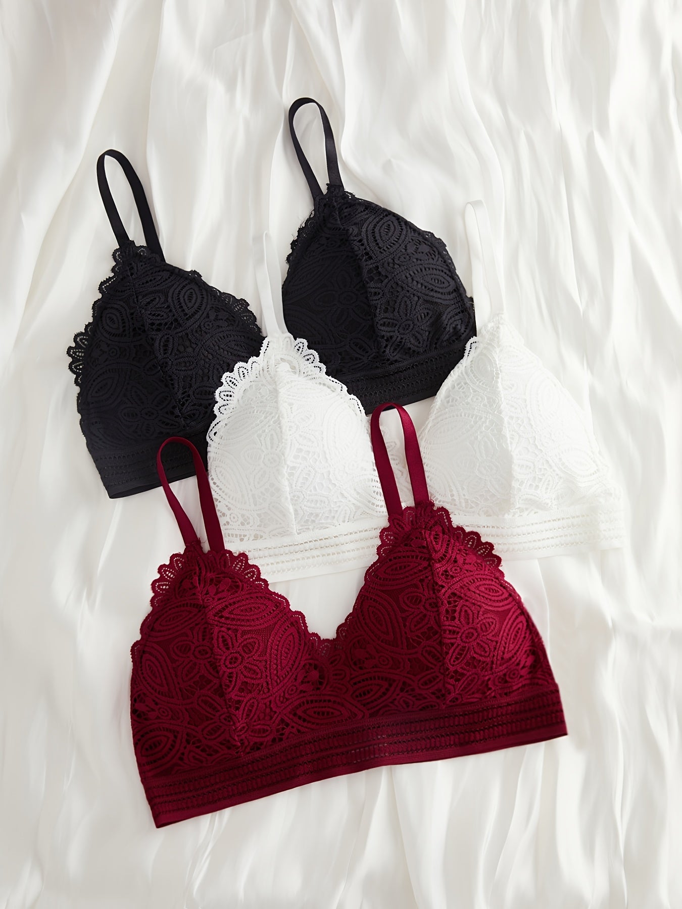 3pcs Contrast Lace Wireless Bras Women's Lingerie