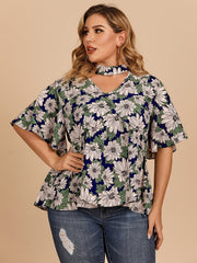 Floral Print Halter Neck Short Sleeve Blouse Plus Size