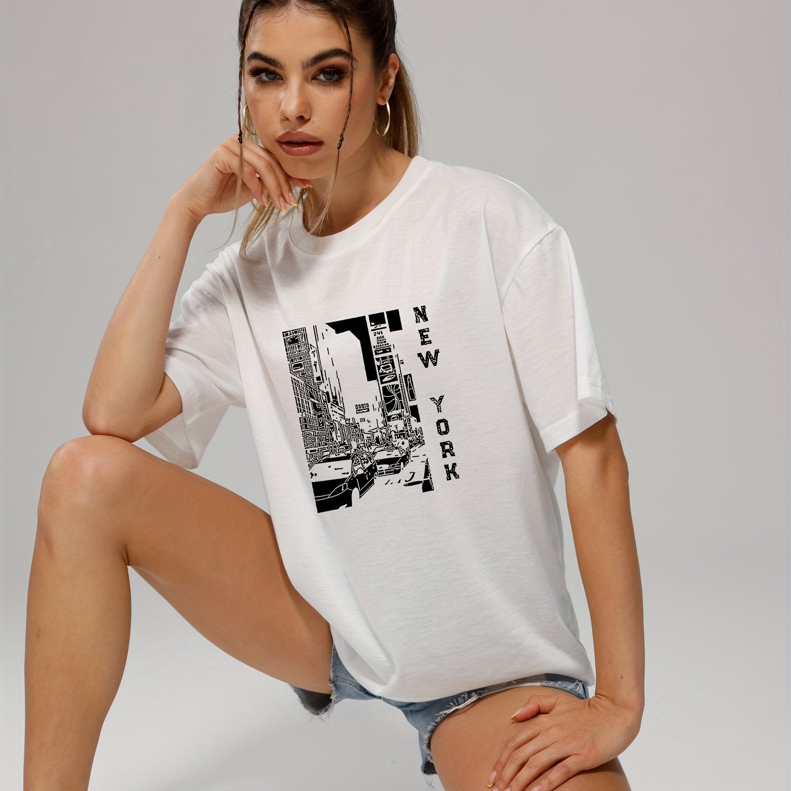Retro Letter Print Pullover Tee Short Sleeve Shirt