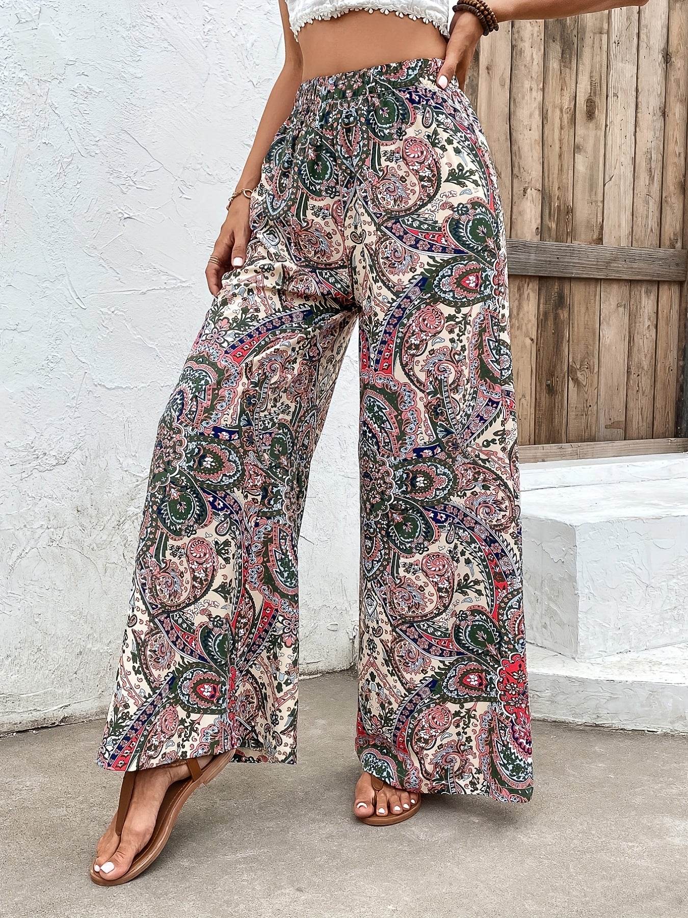 Paisley Print Wide Leg Pants High Waist Boho Long Length