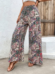 Paisley Print Wide Leg Pants High Waist Boho Long Length