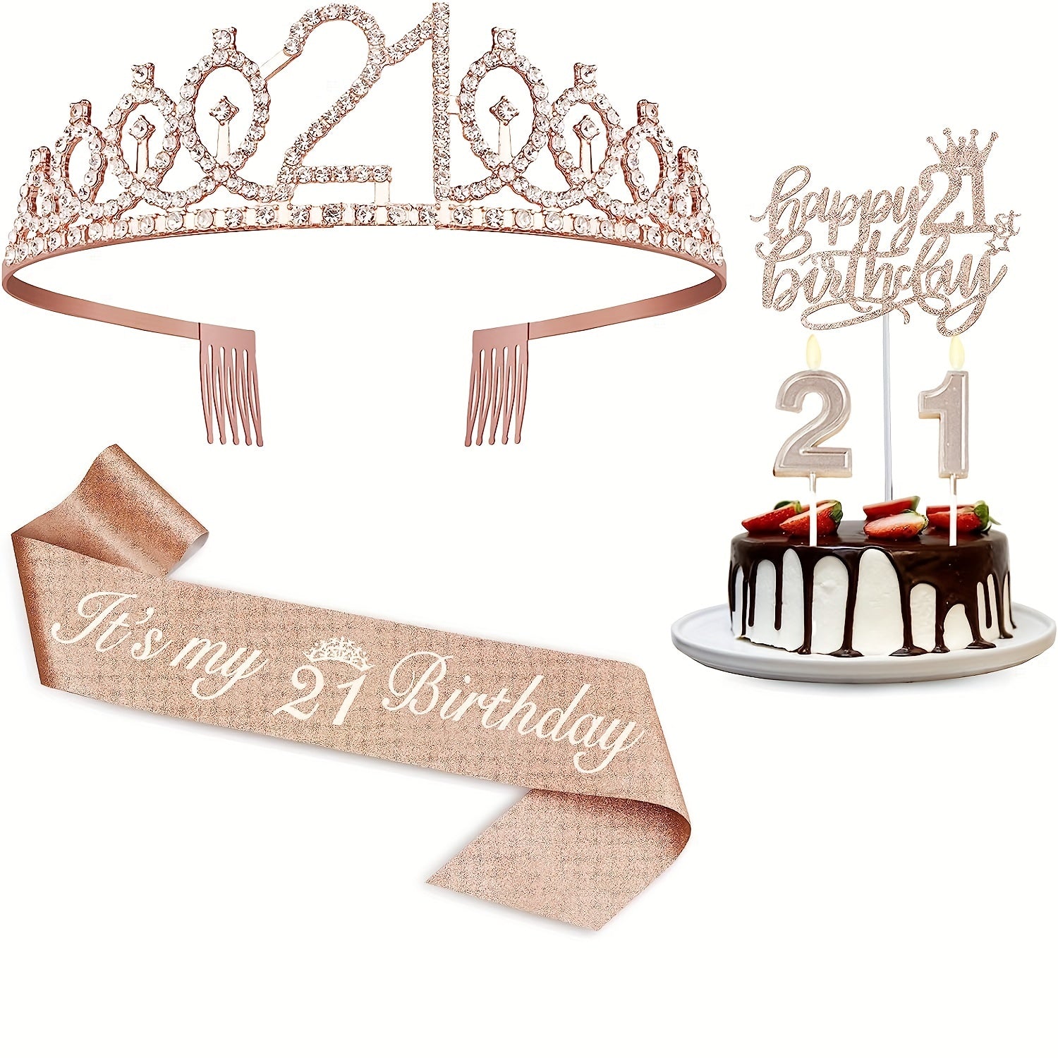 21st Birthday Decorations Set for Women - Sash, Cake Topper, Crown, Candles