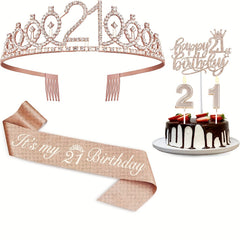 21st Birthday Decorations Set for Women - Sash, Cake Topper, Crown, Candles