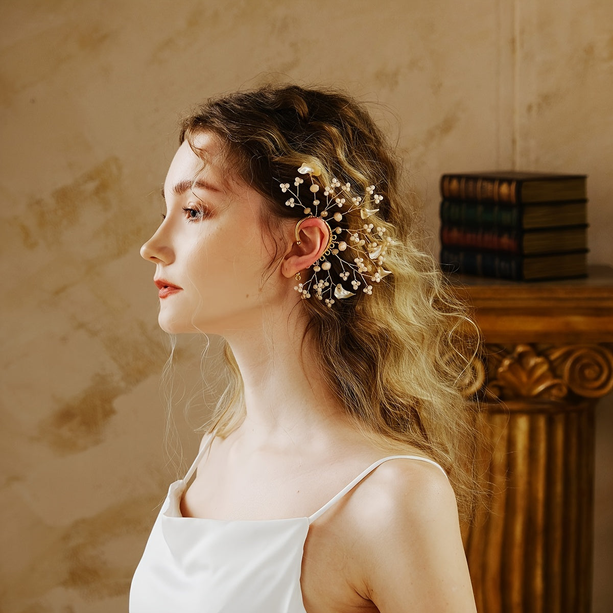 Crystal Shell Ear Bone Clip Elf Ear Hanging Earrings for Bride