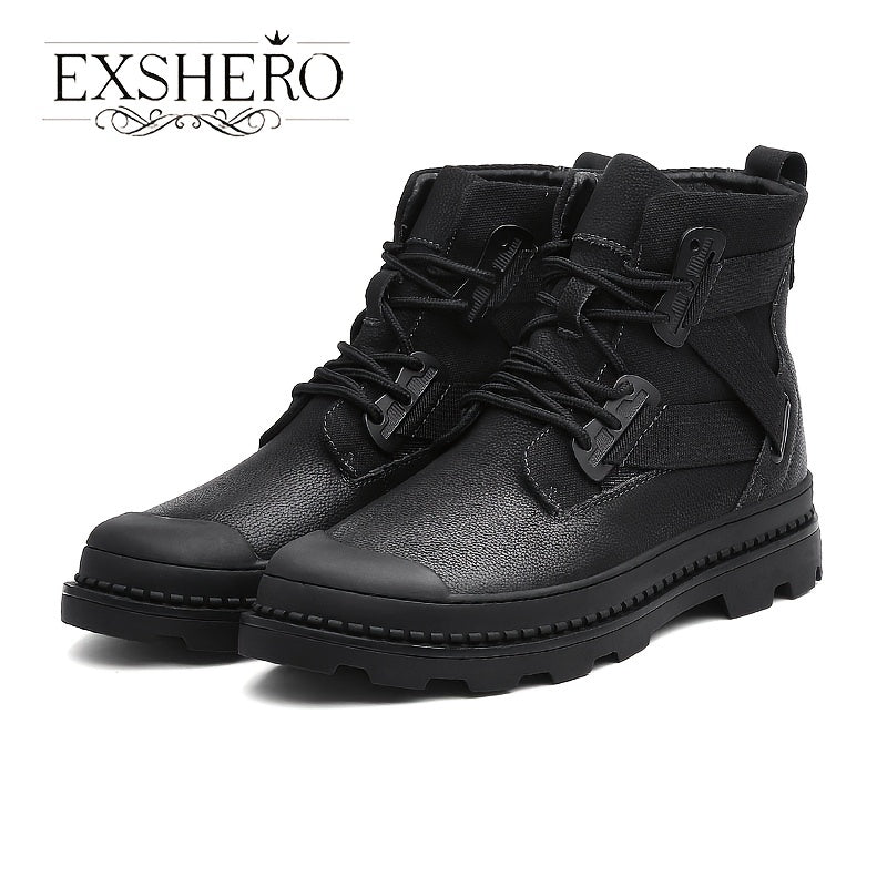 EXSHERO Men's Leather Snow Boots Warm Cotton Comfortable Anti skid Winter