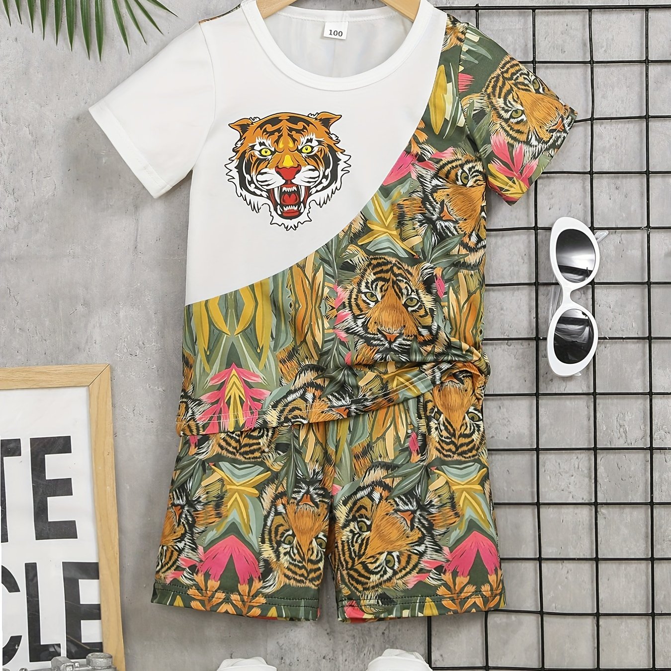 Boys Tiger Graphic T shirt & Shorts Set for Summer