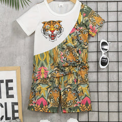 Boys Tiger Graphic T shirt & Shorts Set for Summer