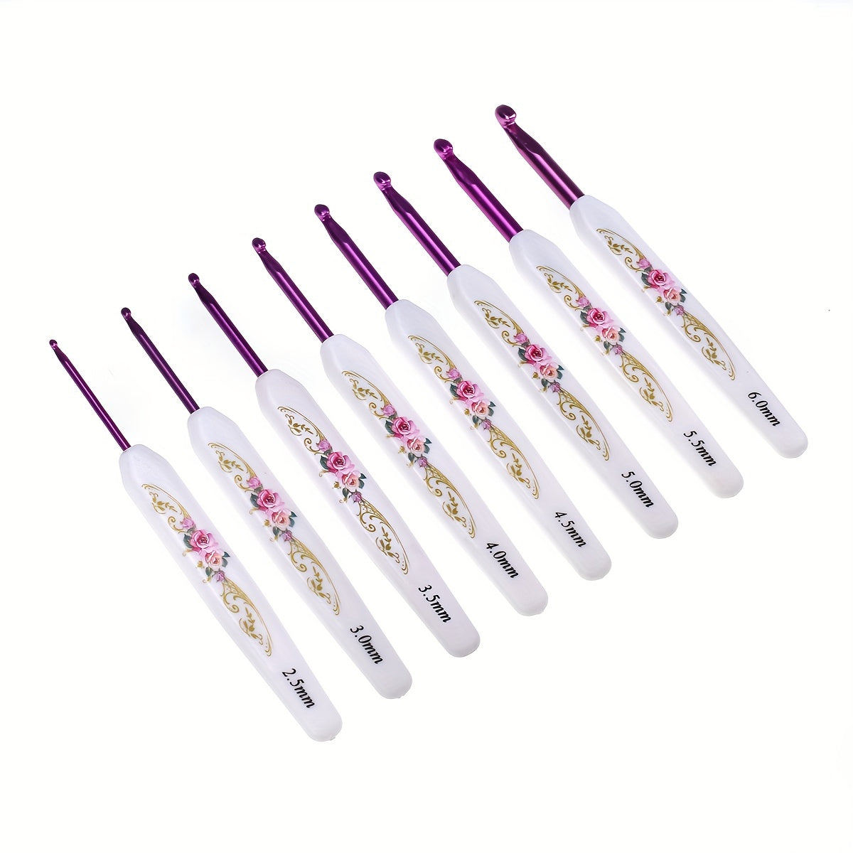 8pcs Crochet Hooks Set Ergonomic Pink Flower Pattern Needles For Knitting