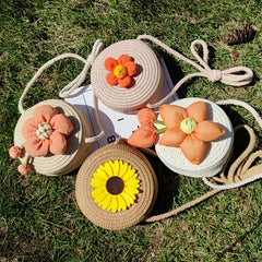 Girls Straw Bag Coin Purse Flower Decor Shoulder Bag