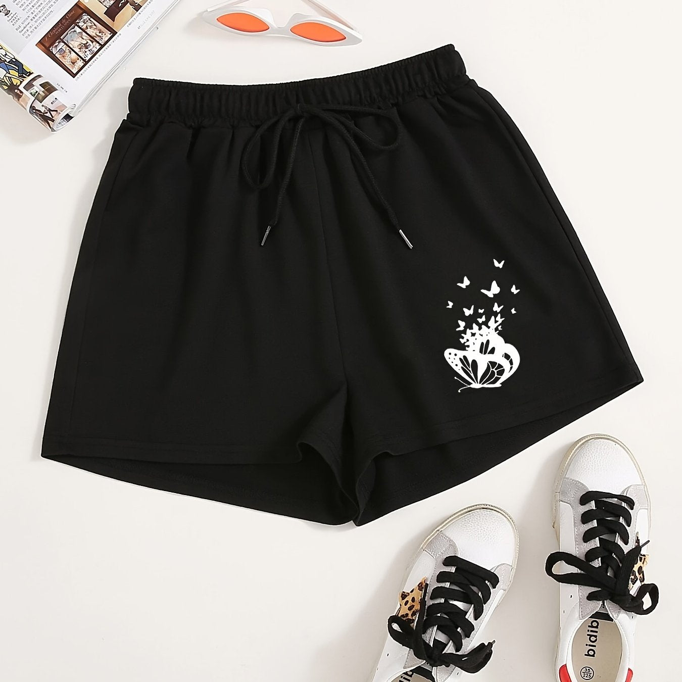 Butterflies Print Drawstring Shorts Y2K High Waist Summer Shorts