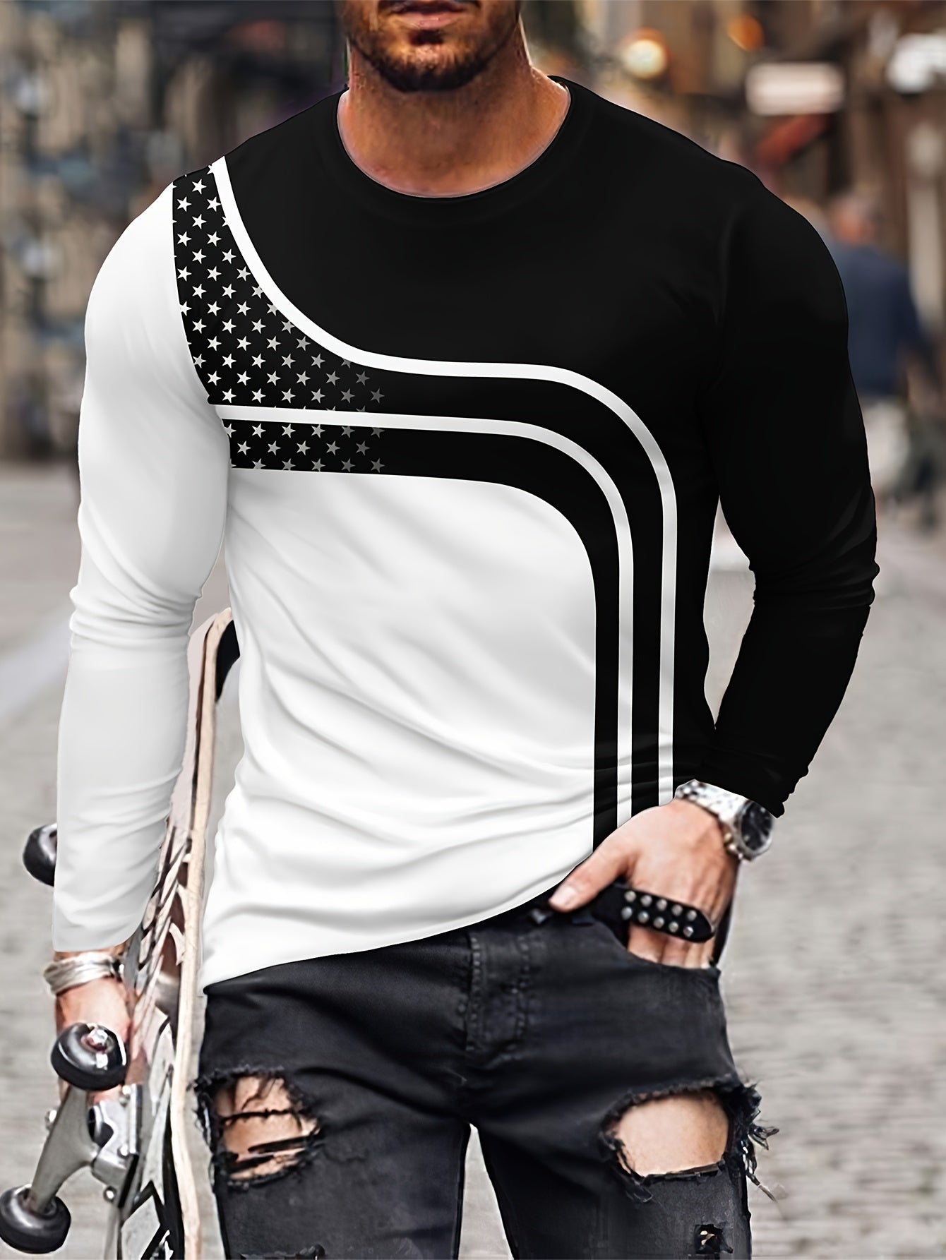 Men's Block Long Sleeve T shirt Casual Tees For Summer