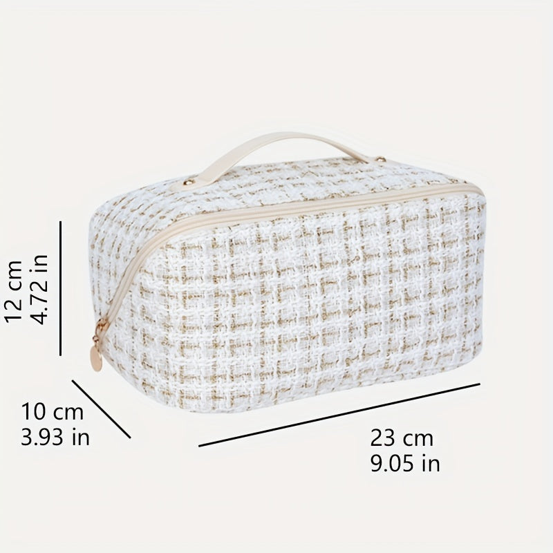 Plaid Pattern Cosmetic Bag, Large Capacity Travel Makeup Bag, Flat Lay Organizer
