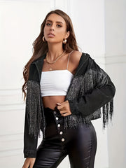 Fringe Decor Denim Jacket Long Sleeve Coat Women's Clothing