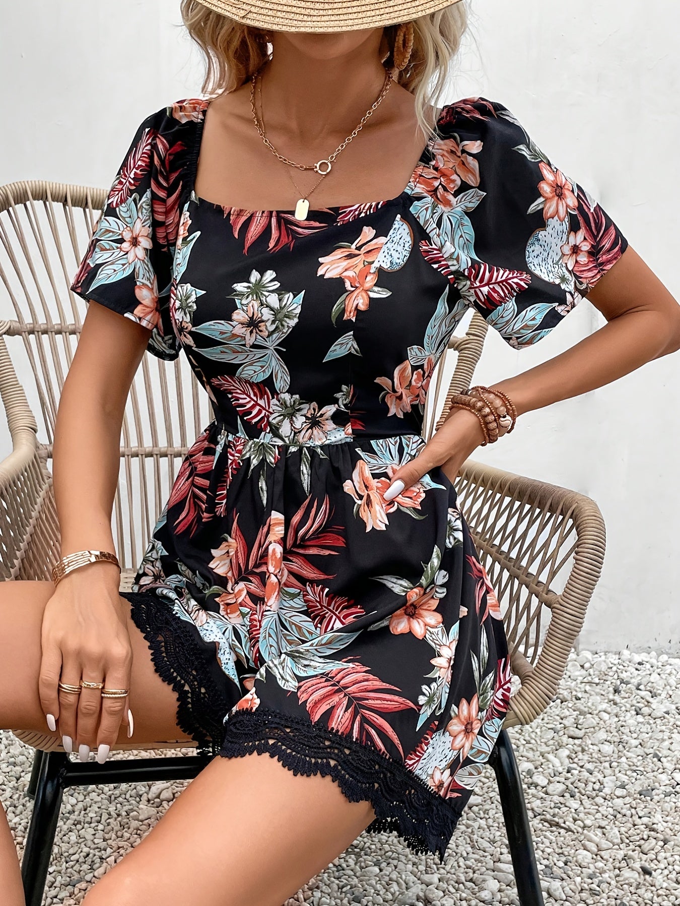 Floral Print Lace Romper Tie Back Short Sleeve Vacation