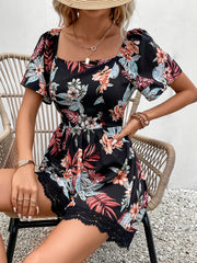 Floral Print Lace Romper Tie Back Short Sleeve Vacation