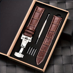 18-24mm Bamboo Pattern Leather Watchband Double Press Butterfly Buckle
