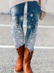 Snowflake Print Slim Leggings Elastic Waist Women's Clothing