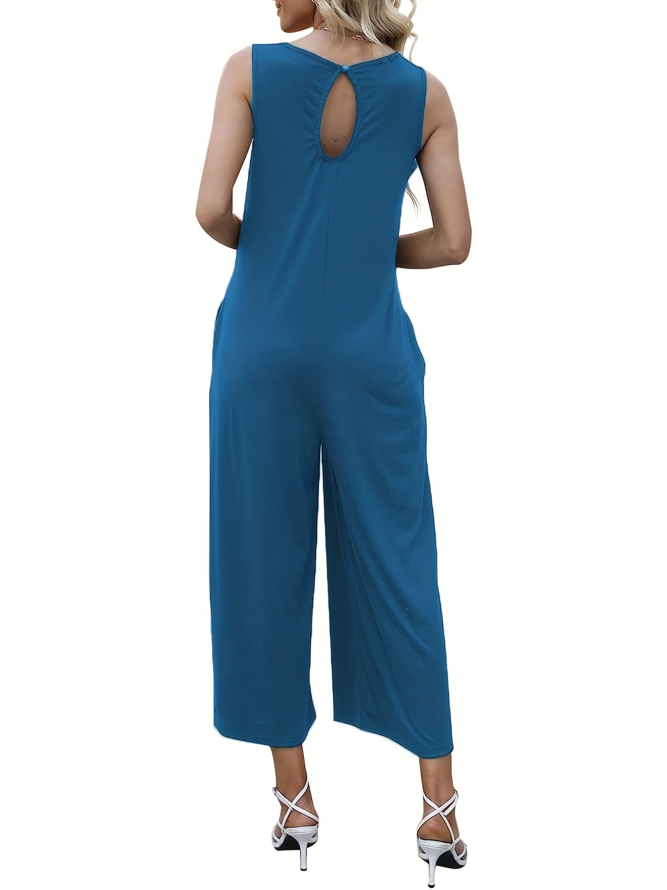 Solid V Neck Wide Leg Jumpsuit With Pockets
