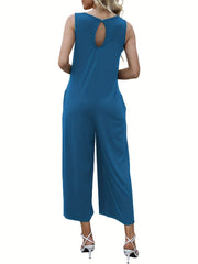 Solid V Neck Wide Leg Jumpsuit With Pockets