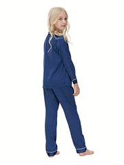 2pcs Kid's Solid Satin Pajamas Button Front Top & Pants Set