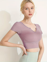 V Neck Crop Yoga Top Short Sleeves Quick Dry Sporty Tee Women's Activewear