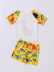 Kid's Swim Trunks & Tops 2pcs Dino Music Print, Beach Vacation Casual Set