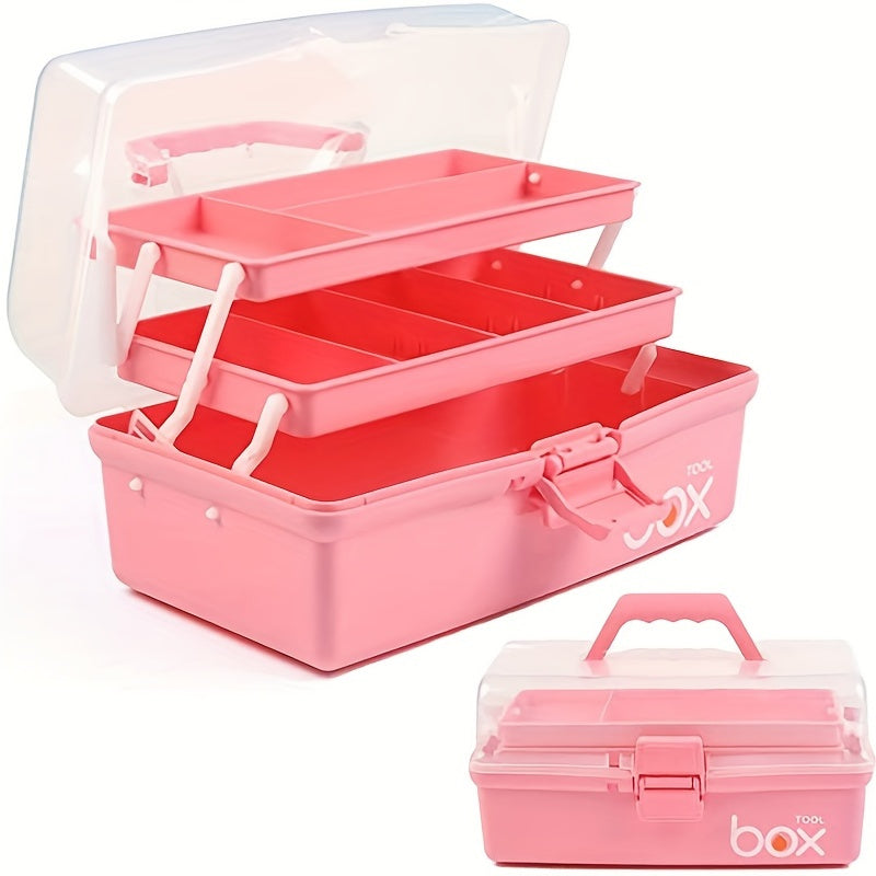 1pc Three Layer Storage Box With Tray Plastic Portable Folding Tool Box