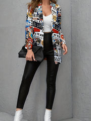 Boho Blazer Women's Plus Pop Art Print Button Up