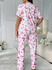 Butterfly Print Pajama Set Women's Short Sleeve Tee & Pants