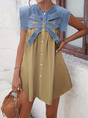 Patchwork Denim Dress Sleeveless Flower Button Women's Clothing