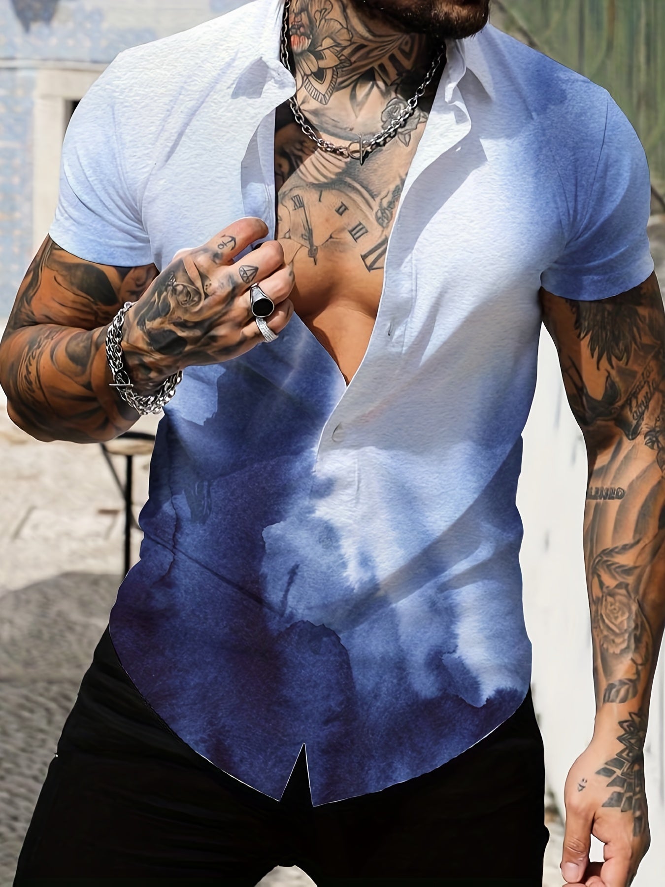 Summer Gradient Men's Casual Lapel Shirt