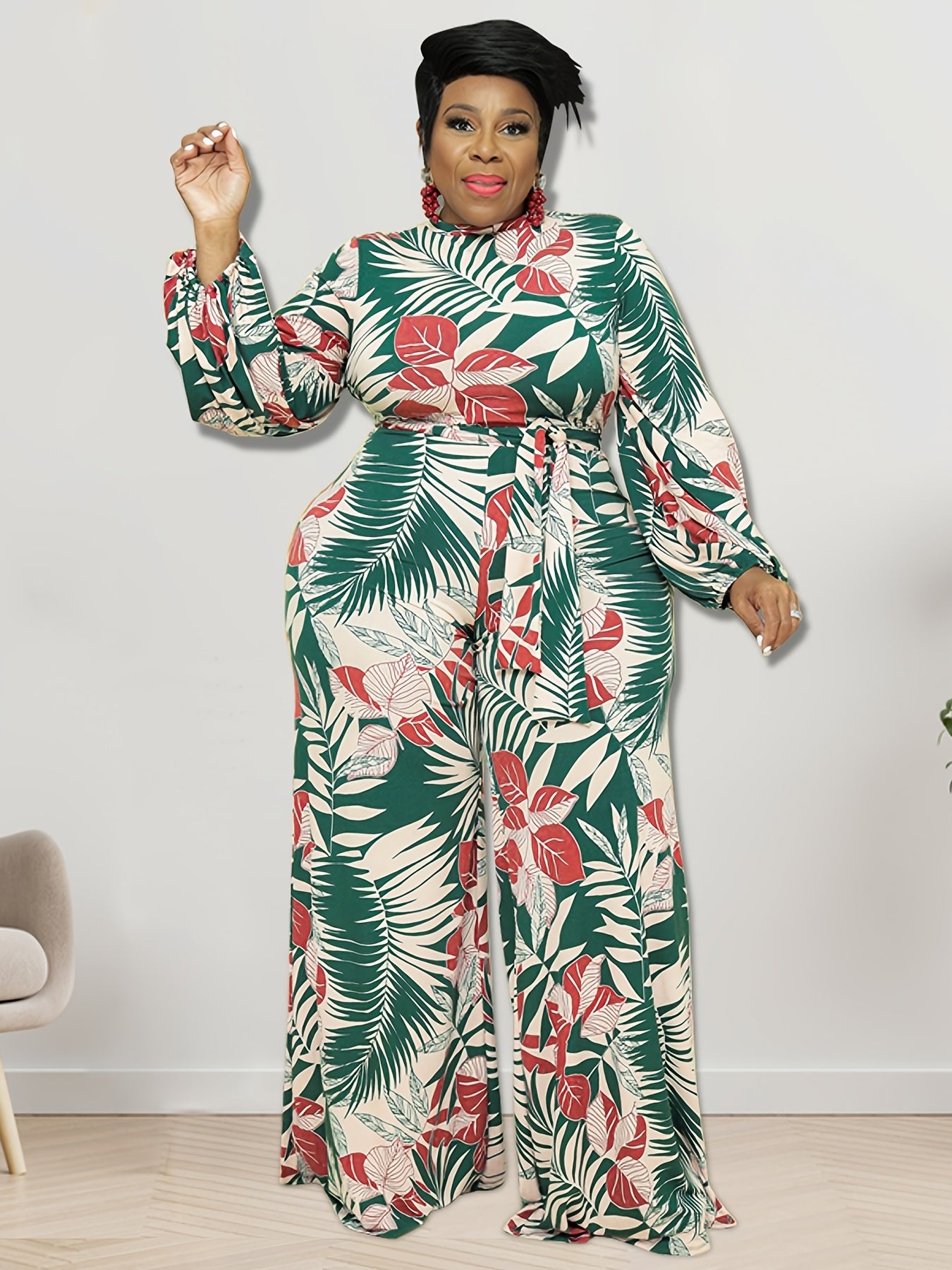 Tropical Print Lantern Sleeve Jumpsuit Plus Size
