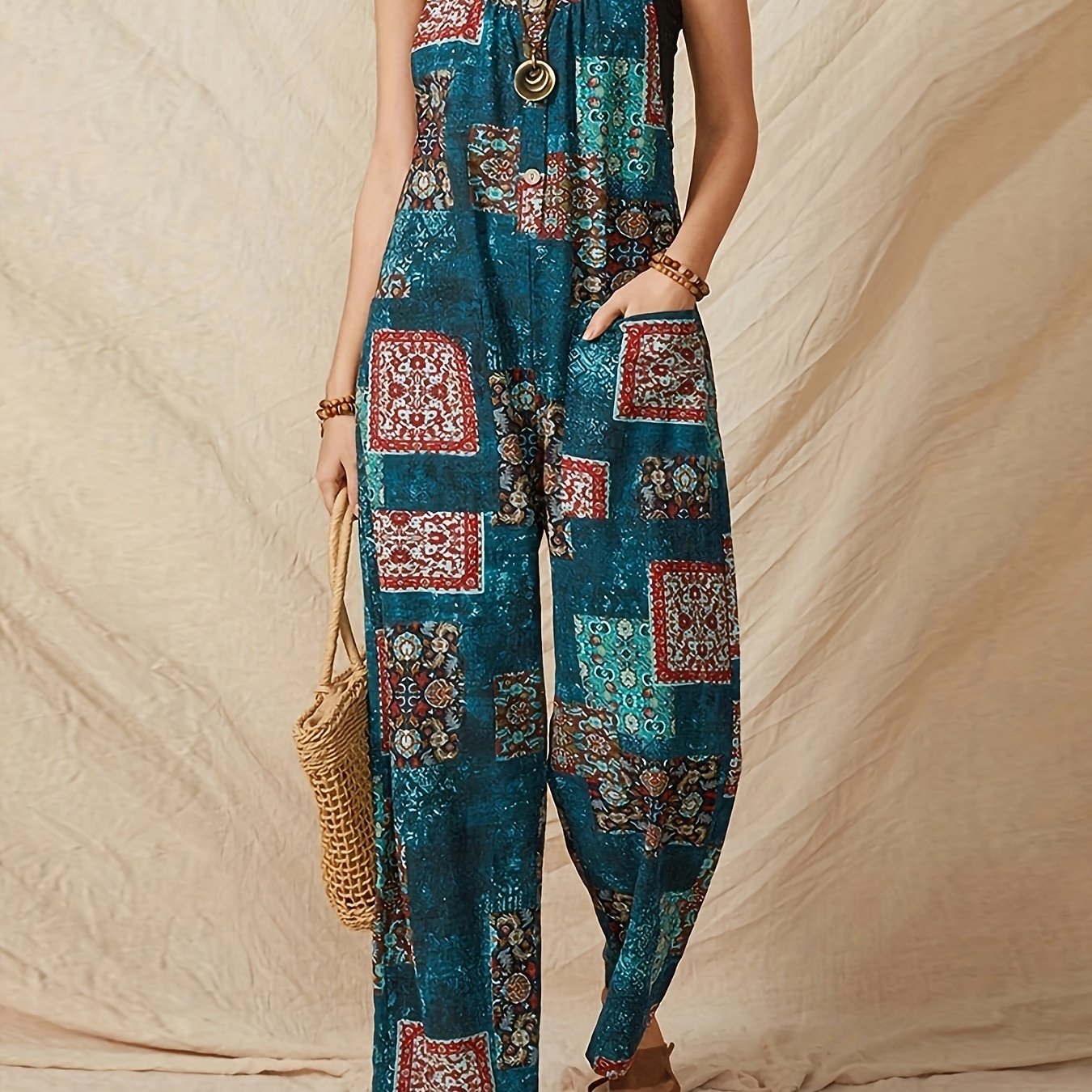 Hippie Patchwork Retro Print Wide Leg Jumpsuit Loose Casual Jumpsuit