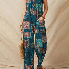 Hippie Patchwork Retro Print Wide Leg Jumpsuit Loose Casual Jumpsuit