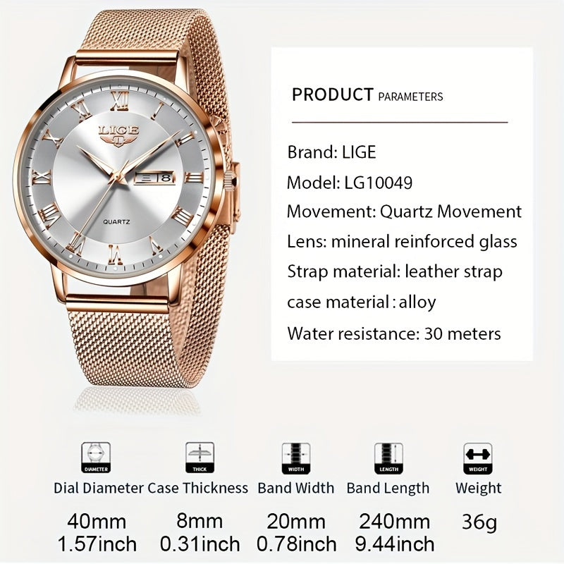 LIGE Rose Gold Ladies Watch Stainless Steel Mesh Bracelet Waterproof Quartz