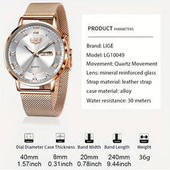 LIGE Rose Gold Ladies Watch Stainless Steel Mesh Bracelet Waterproof Quartz