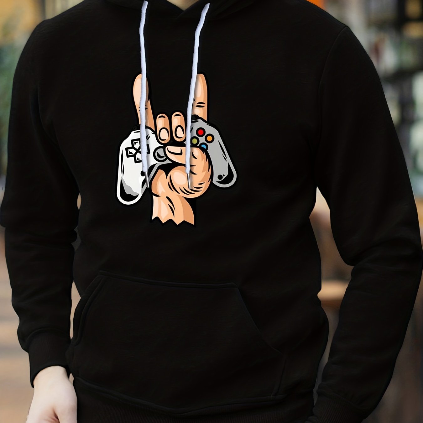 Men's Rock & Game Controller Print Hoodie Casual Stretch Hooded Sweatshirt