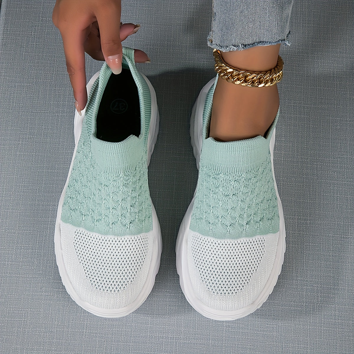 Two Tone Chunky Sneakers for Women Slip On Comfortable Walking Shoes