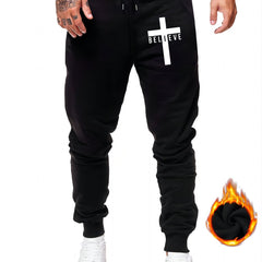 Men's Believe & Cross Print Sweatpants Drawstring Joggers For Fall Winter