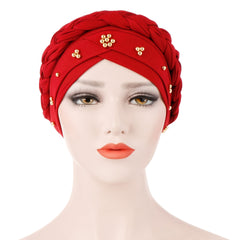 Soft Turban Cap Women Braid Beads Decor Hijab Head Scarf Hat