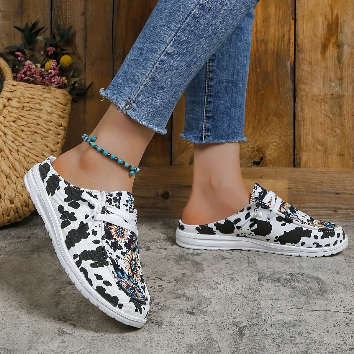 Women's Sunflower Print Canvas Shoes Low Top Mules Sneakers