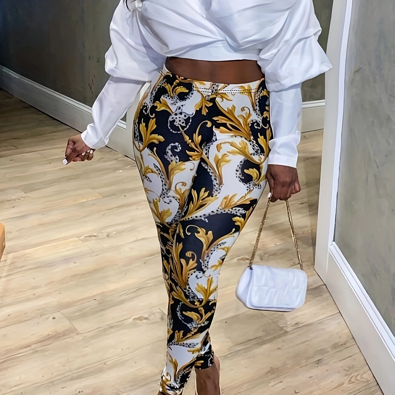 Boho Leggings Women's Plus Baroque Print Elastic High Rise Leggings