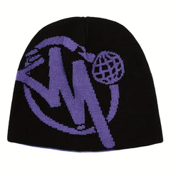 Reversible Letter Jacquard Beanie Hip Hop Knitted Skull Hat Double Warm Knit Hat