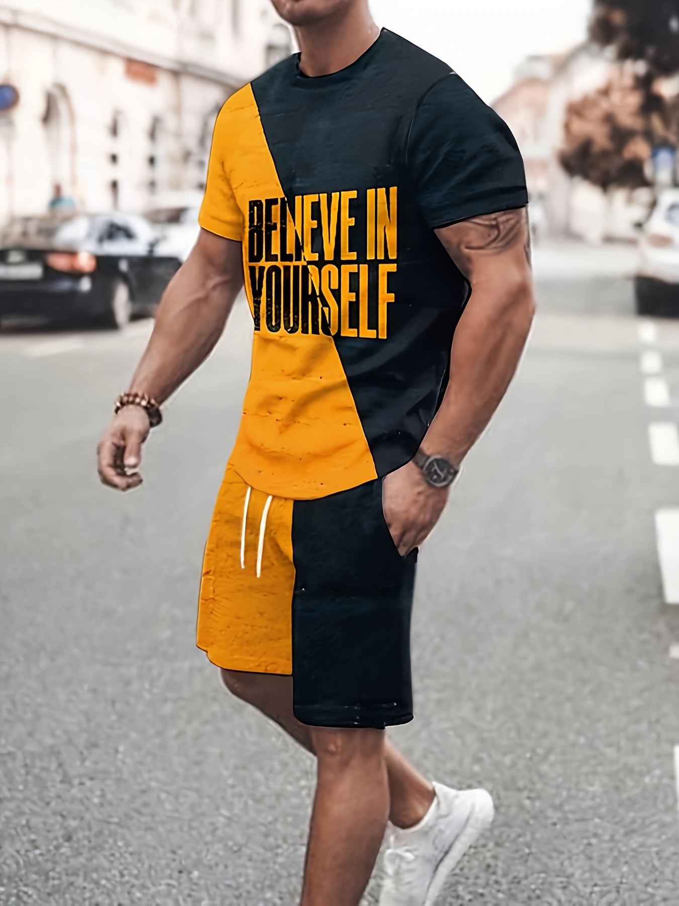 Men's Grimace Print T-shirt & Active Shorts Set for Summer Sports