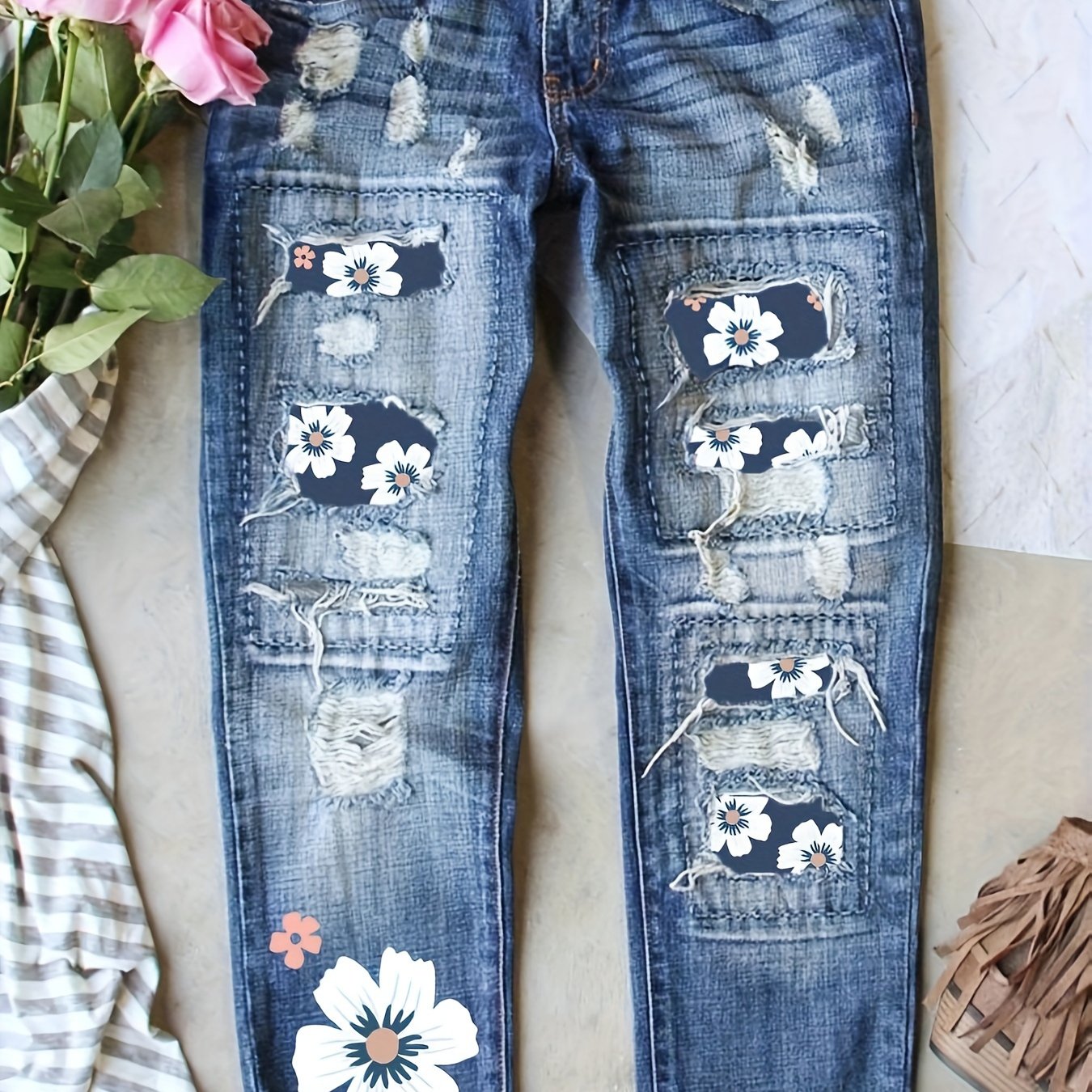 Colorblock Floral Print High Rise Tapered Leg Jeans