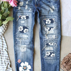 Colorblock Floral Print High Rise Tapered Leg Jeans