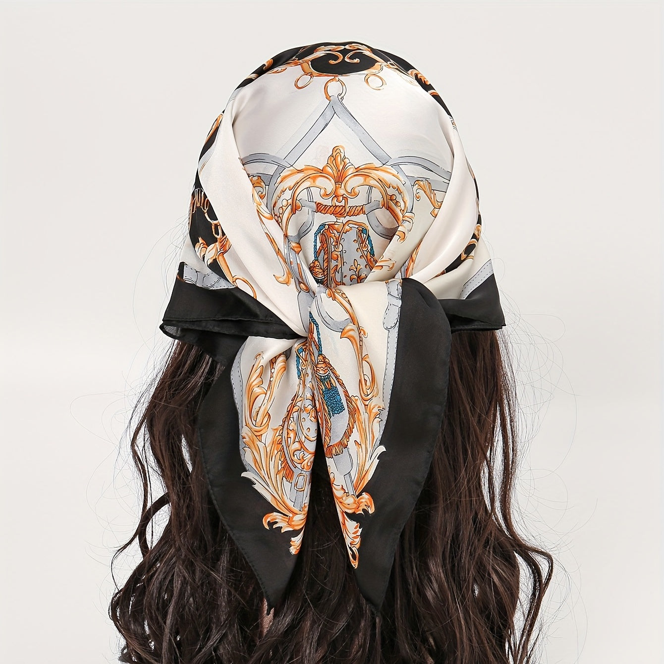 Classic Chain Print Bandana Boho Square Scarf Satin Neckerchief Women Head Wrap