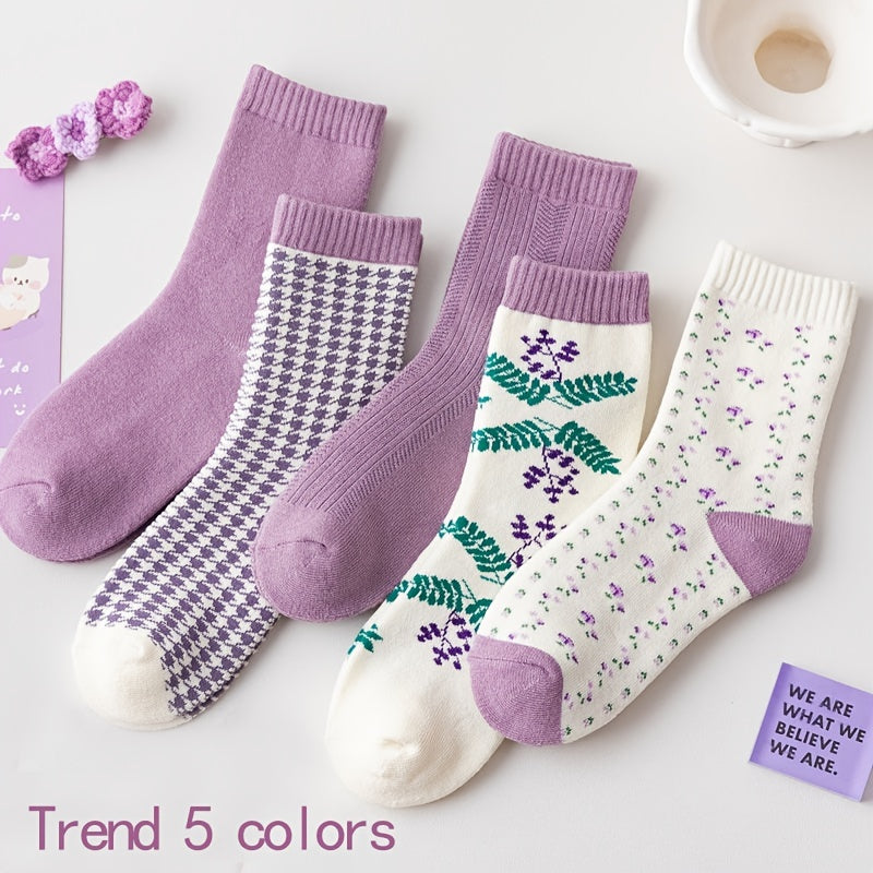 Floral Print Mid Tube Socks 5 Pairs